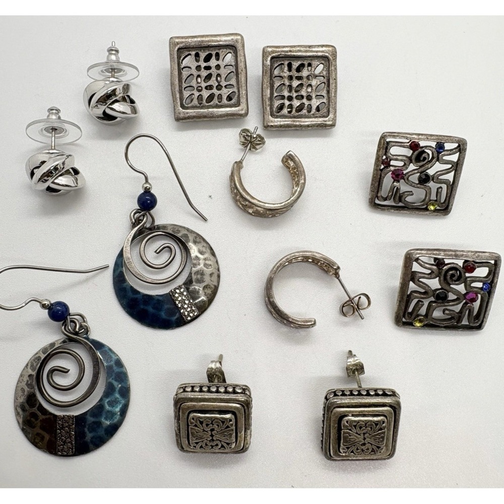 Vintage‎ Lot of 6 Pairs Pierced Clip Earrings Silver Tone Dangle Hoop Stud Boho